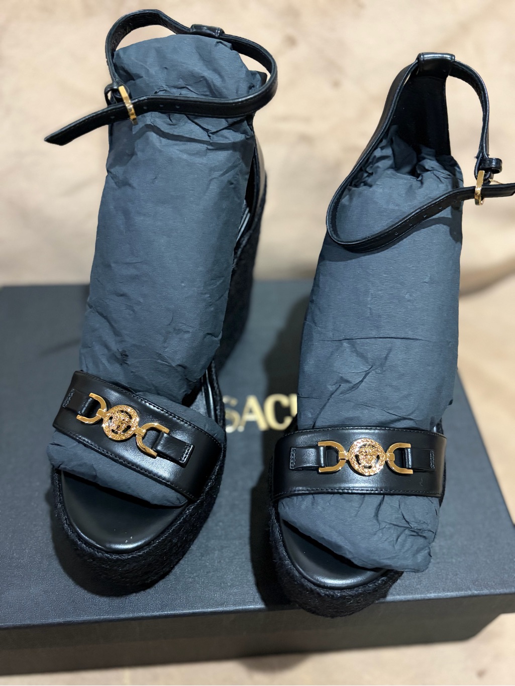 Versace Black Leather Platform Sandals With Gold Medusa Accent